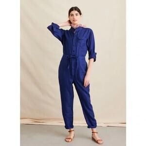 [Alex Mill] Navy Blue 100% Linen Logan Straight Leg Tie Waist Jumpsuit Sz Large